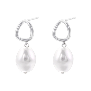 Detail showing elegant silver bow knot with a white baroque pearl earring on plain background