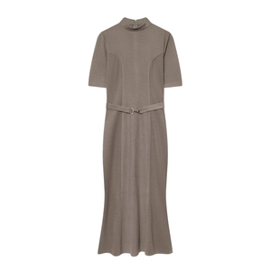Short sleeve taupe knit midi dress with high neck and matching belt with metal buckle