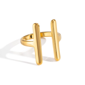 Minimalist double-track H-shaped gold stainless steel open ring with shadow on white background
