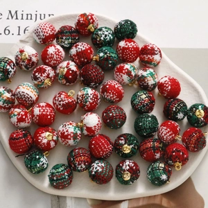 Christmas plaid fabric ball pendants with gold metal loops for DIY festive crafts