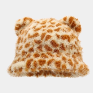 Cute plush hat with bear ears and giraffe print pattern in soft warm faux fur