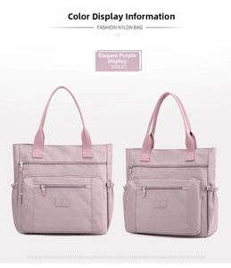 Détails du sac fourre-tout en nylon violet avec fermeture éclair et poche latérale