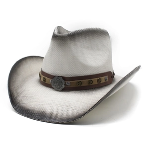Retro spray-painted straw cowboy hat with wide brim and decorative star metal buckle
