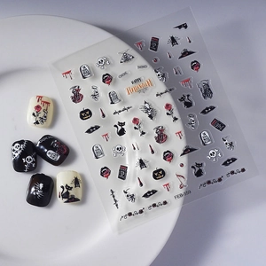 Halloween nail stickers with skulls, roses and pumpkins on black and white nails