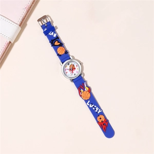 Detail of blue silicone kids watch strap with basketball and fire flame patterns