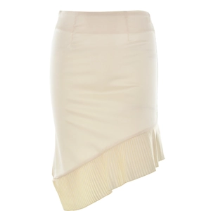 Detail of cream high-waisted skirt with pleated irregular hem and silky satin texture