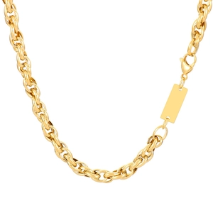 Men's gold titanium steel rectangular tag necklace with double O-link braided chain