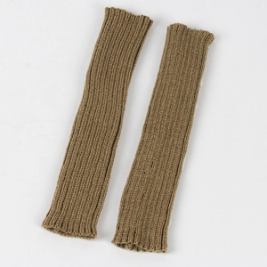 Detail of ribbed knit arm warmers in earth-tone brown fabric with flexible texture