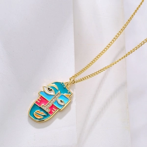 Artistic face pendant necklace with colorful enamel and 18K gold plated copper