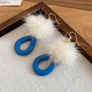 Elegant white fur ball and blue resin teardrop earrings with gold fish hooks for women