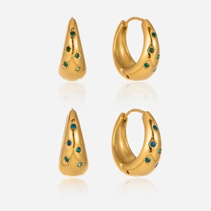 Chunky Hoop Earrings Stainless Steel 18K Gold Plated Star Inlaid Cubic Zirconia Waterproof Hypoallergenic Vintage Jewelry