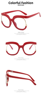 Vista en tres ángulos de gafas cat-eye rojas oversize con montura inferior de metal retro