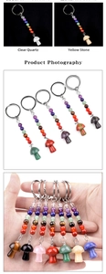 Macro detail of natural stone mushroom keychain with colorful chakra bead chain decoration