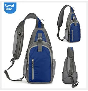 Detail view of royal blue waterproof crossbody chest bag with multiple pockets and side mesh