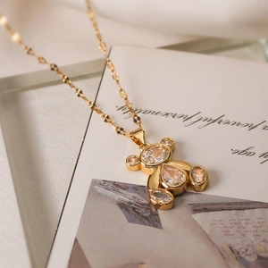 18K gold plated necklace with a sparkling teddy bear pendant set in clear zircon crystals