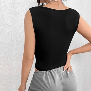 Back view of a slim fit black sleeveless crop top with elastic knit fabric for women