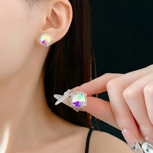 Elegant square aurora crystal earrings with halo diamonds on a female model