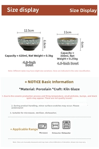 Detailed size chart for Japanese ceramic rice bowls with capacity and dimensions