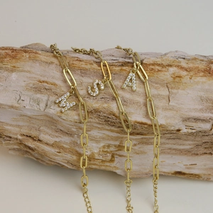18k gold plated brass paperclip chain necklace with micro-paved letter pendants M S A