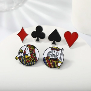 Set of 6 poker-themed enamel pins featuring suits and face cards on a white display base