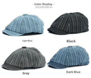 Vertical striped newsboy cap collection in light blue, black, gray and dark blue shades