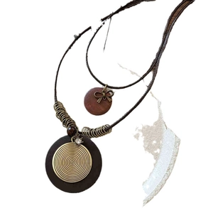 Retro double-layer leather necklace with star feather fringe and wooden circular pendants