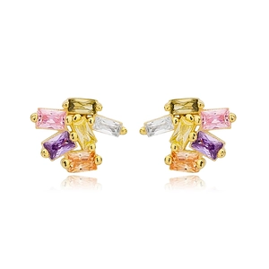 925 Sterling Silver Post Copper Zirconia Geometric Stud Earrings Multicolor Colorful Rhinestone Cluster Earrings Jewelry For Women