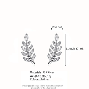 Detailed macro view of S925 sterling silver leaf stud earrings with size measurements