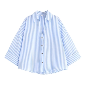 Relaxed fit blue and white striped button-down shirt with a stylish drop-shoulder design
