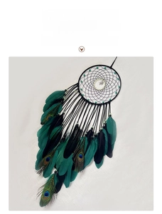Detailed view of peacock feathers and green beads on a handmade dream catcher