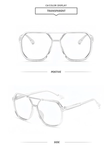 Detail view of transparent double-bridge aviator sunglasses frame from front and side angles