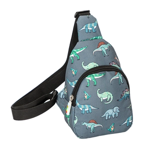 Kids grey crossbody bag with colorful cartoon dinosaurs and adjustable shoulder strap