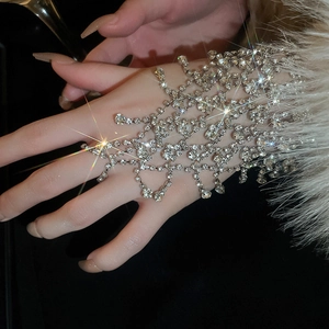 Detailed view of luxury silver hand harness with sparkling crystals and mesh design
