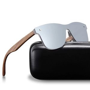 Polarized wood grain sunglasses with silver mirrored lenses and black leather texture case