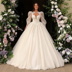 French Satin Wedding Dress Lace Hollow Neckline Sheer Lantern Sleeves Elegant Trailing Bridal Gown For Petite Women