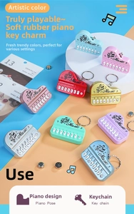 Detailed view of mini piano keychains with numbered keys in multiple metallic colors