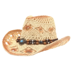 Western straw cowboy hat in beige with turquoise beads and ethnic style woven details