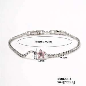 Detail view of silver bracelet with zircon chain and pink flower charm, 17+2cm length