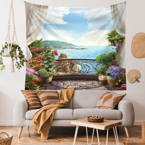 Detailed wall tapestry showing a Mediterranean balcony sea view with vibrant flowers