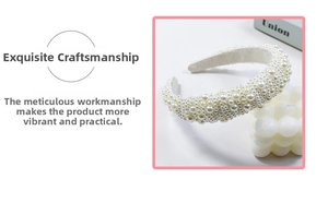 Detail of handmade cream pearl headband featuring elegant faux pearls on a fabric base