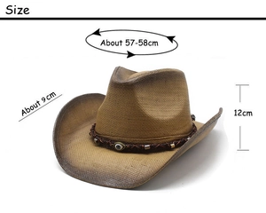 Detailed size specifications for the Western straw cowboy hat with dimensions shown