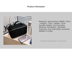 Detailed size and material guide for the sparkling black luxury vanity case with top handle
