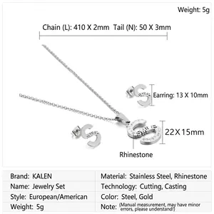 Detail view of rhinestone SMILE necklace and stud earrings set in gold and silver finish