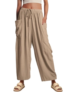 High waisted wide leg cotton linen trousers with drawstring in light khaki color