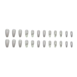 Set di 24 unghie finte lunghe a bara grigie con glitter argento e venature marmoree