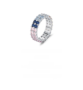 Macro shot of S925 sterling silver ring showing gradient blue and pink gemstones