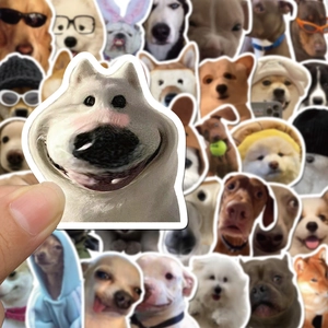 Close-up of funny dog meme stickers showing creative cartoon dog expressions on waterproof vinyl