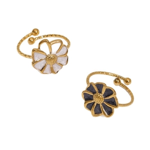 French vintage titanium steel flower rings in white and grey enamel with adjustable gold bands