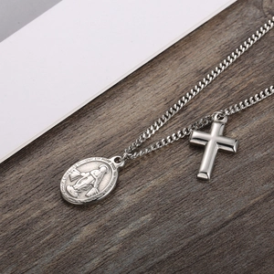 Silver stainless steel necklace with Virgin Mary oval medal and minimalist cross pendant
