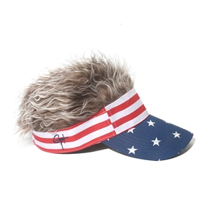 American flag baseball cap with gray brown short hair wig for Independence Day